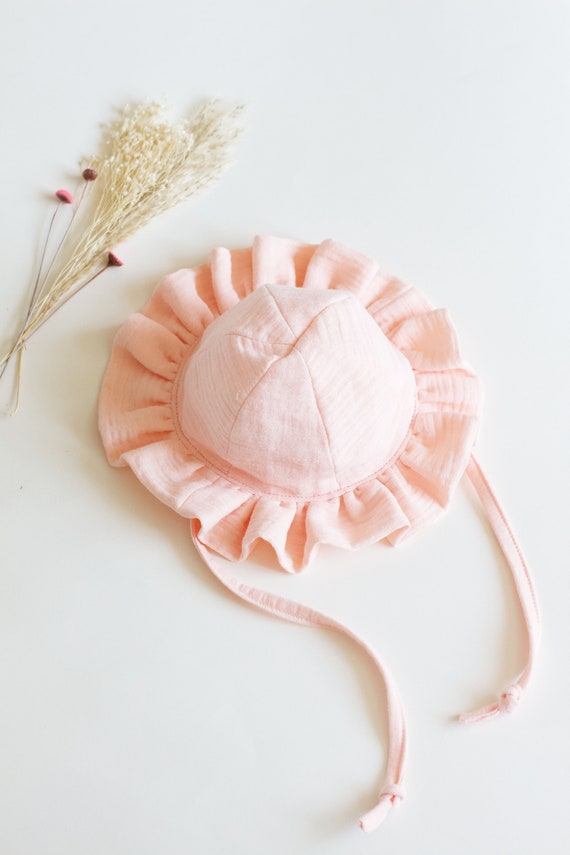 Peach Baby Sun Hat: Cotton Muslin Frill Brim, Adjustable  display picture 1