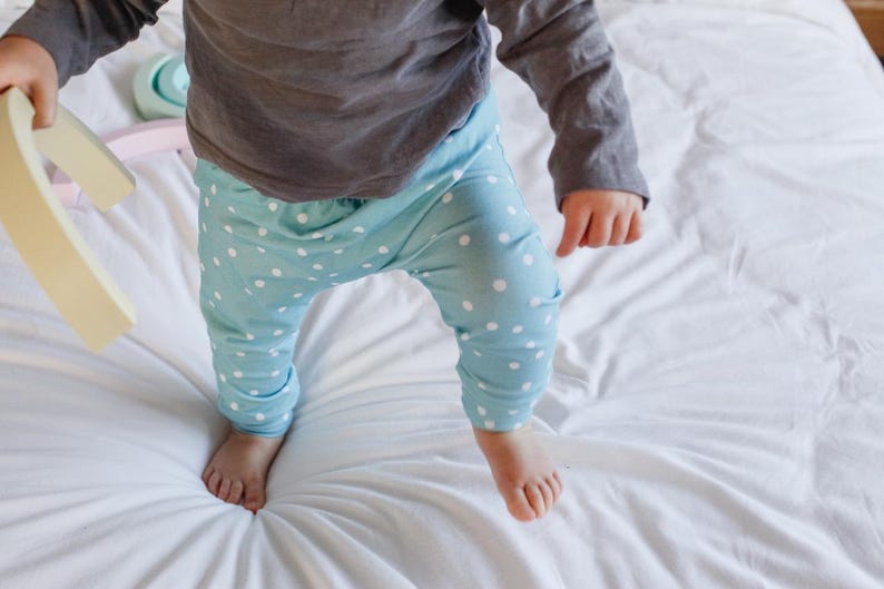 Aqua Polka Dot Baby Leggings: Handmade Unisex Cotton Jersey