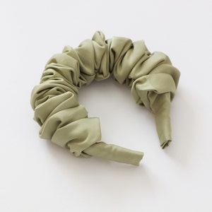 Sage Green Satin Scrunchie Headband, Sustainable Accessories, Satin Headband made from deadstock fabric image 2