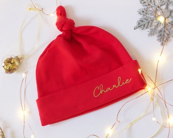 Personalised Red Baby Christmas Hat, Newborn Baby Knot Hat, 1st Christmas Gift, Baby's First Christmas Gift,