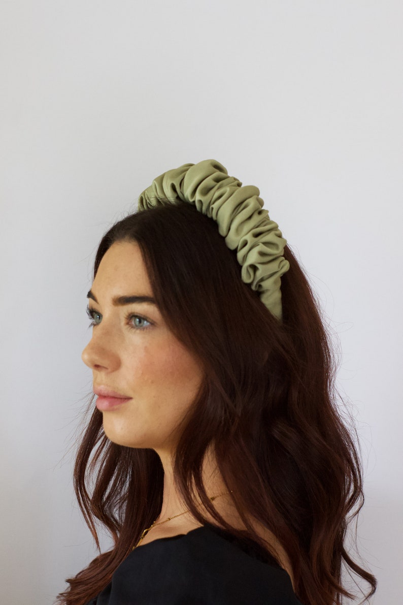 Sage Green Satin Scrunchie Headband, Sustainable Accessories, Satin Headband made from deadstock fabric image 6