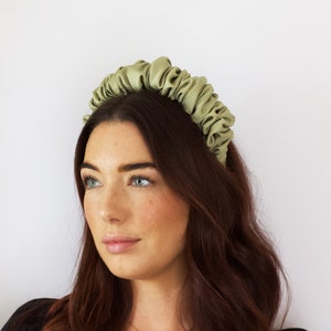 Sage Green Satin Scrunchie Headband, Sustainable Accessories, Satin Headband made from deadstock fabric image 1