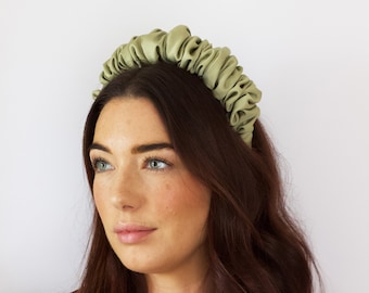 Sage Green Satin Scrunchie Headband, Sustainable Accessories, Satin Headband made from deadstock fabric