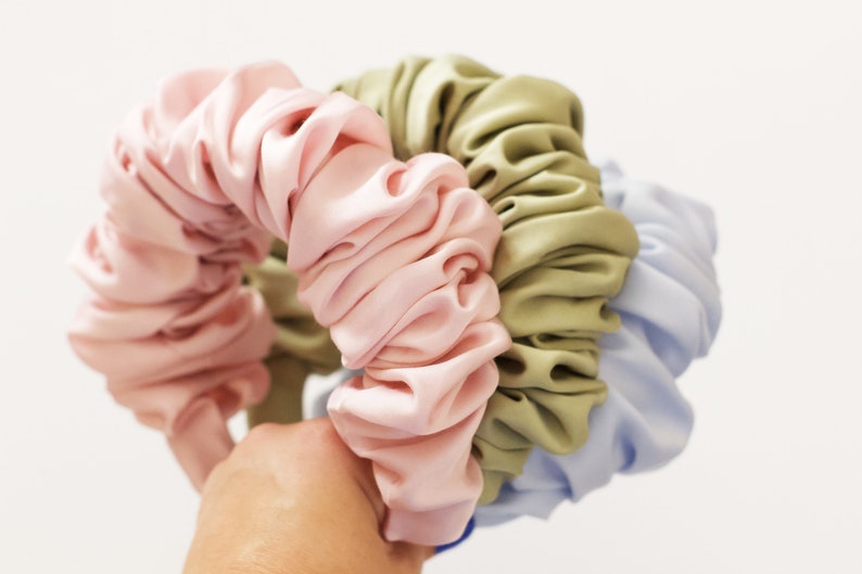 Sage Green Satin Scrunchie Headband, Sustainable Accessories, Satin Headband made from deadstock fabric image 3