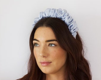 Ice Blue Satin Scrunchie Headband, Sustainable Accessories, Satin Headband made from deadstock fabric