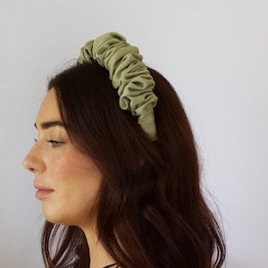 Sage Green Satin Scrunchie Headband, Sustainable Accessories, Satin Headband made from deadstock fabric image 5