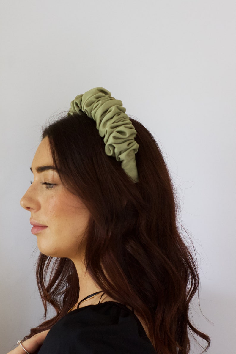 Sage Green Satin Scrunchie Headband, Sustainable Accessories, Satin Headband made from deadstock fabric image 5