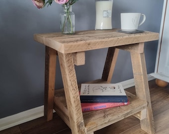 Reclaimed Wood Bedside Table with Shelf, Rustic Splay Leg Nightstand