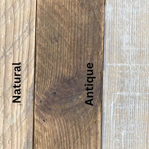 May include: Three wood samples showing different finishes: natural, antique, and lime wash.