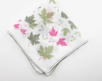 A 1960s 'Faith Austin' Hanky - Greens and Pink - Maple Leaves and Seed Fliers - Handkerchief - Gift - Collect - Wedding - Giftwrap