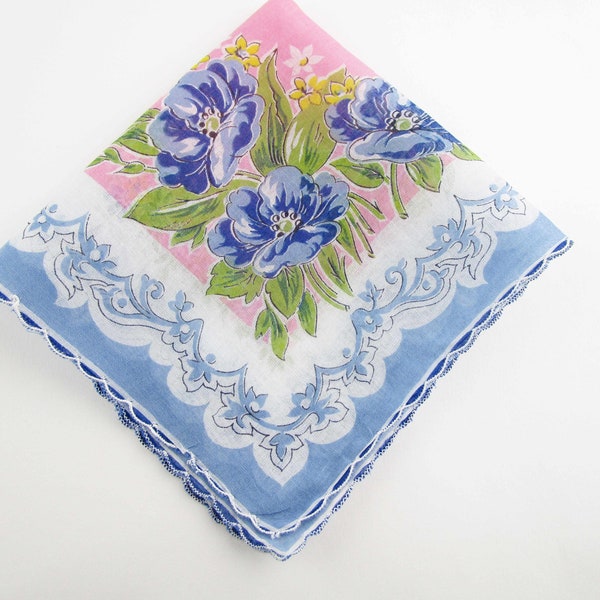 Pink Center - Blue Border - Blue Flower Bouquets in Corners - White Edge - Hankie Curtain - Doll Dress - Quilt - Wall Hanging - Quilt