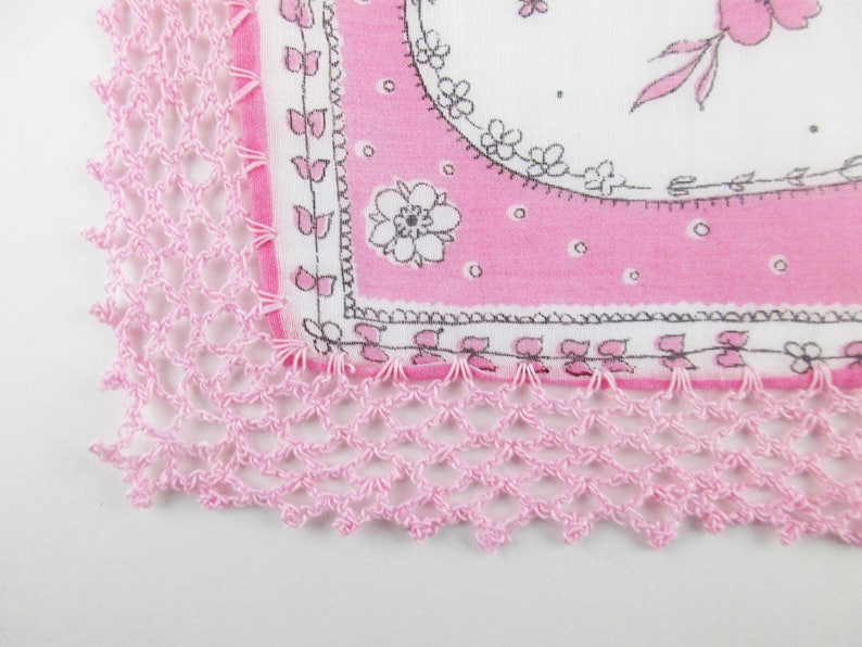 A /'Nelo/' Swiss Designer Hankie 1950s Textile Design Nelo Handkerchief Pink and Black on White With Crocheted Hem Added