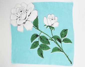 A White Rose on a Light Teal Background - Hankie Curtain - Doll Dress - Quilt - Wall Hanging - Quilt - Fall Colors
