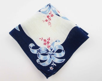 Navy Blue Border - Blue Ribbons in the Corners - Fuschia Accent Flowers - Handkerchief - Gift - Collect - Giftwrap - Quilt - Doll Dress