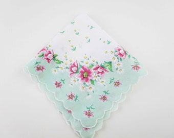 Pink Flowers on a Mint Green Border - White Flower Accents - Border - Light Cotton Hanky - Gift - Collect - Doll Dress