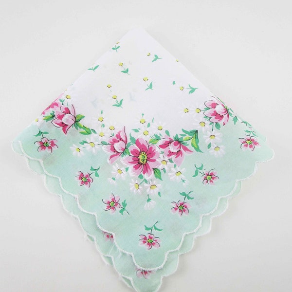 Pink Flowers on a Mint Green Border - White Flower Accents - Border - Light Cotton Hanky - Gift - Collect - Doll Dress