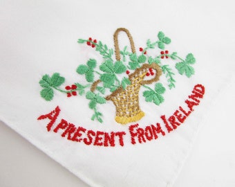 Vintage Souvenir From Ireland - on White Linen - Hankie - Gift - Collect - Giftwrap - Embroidered Basket - Shamrocks