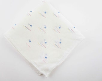 White Linen Hanky - Woven Blocks of Blue - Pink, Blue and Yellow Dashes - Rolled Hem - Collect - Giftwrap - Quilt - Doll Dress - 12" Hankie