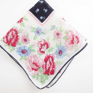 Daisies and Carnations in Pinks and Blues Around the Border - Dark Blue Center - Curtains - Purse - Doll Dress -  Gift - Collect - Wedding