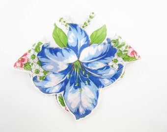 Blue Corner Lily Hankie - Border of Blue, Pink and White Flowers - Hand-stitched Hem - Hankie - Gift - Collect - Giftwrap - Quilt