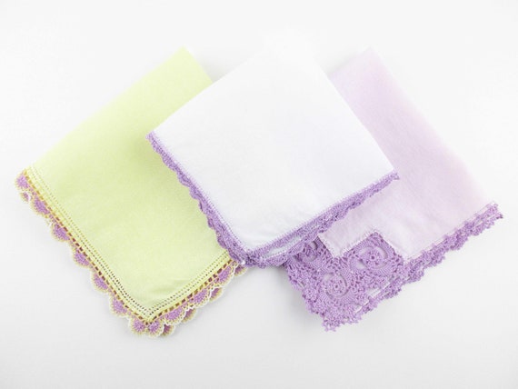 3 Lavender Hankies - With Crocheted Hems - For Han