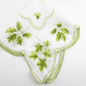 Greens on White - Oak, Maple and Elm Leaves - White Cotton - Large 14" Square Hankie - Deeply Lobed Hanky - Collect - Use - Quilt - Gift