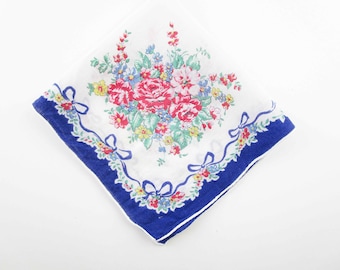 Navy Blue Border With White Rolled Hem - Colorful Flower Bouquets Handkerchief - Gift - Collect - Giftwrap - Quilt - Doll Dress