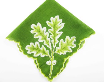 Greens on White - White Edged Oak Leaves and Acorns - 13" Square Hankie - Chartreuse and Olive Green - Collect - Use - Quilt - Gift