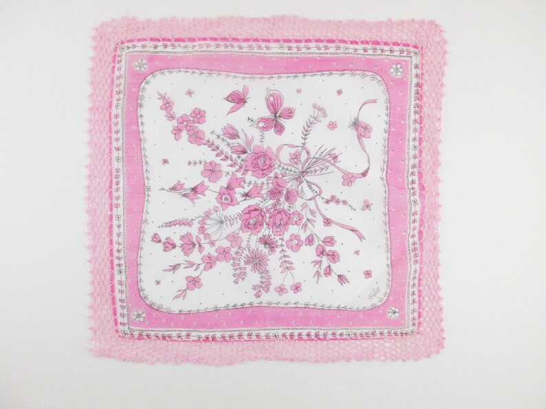 A /'Nelo/' Swiss Designer Hankie 1950s Textile Design Nelo Handkerchief Pink and Black on White With Crocheted Hem Added