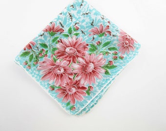 Four Corners of Pink Daises on Teal Blue Background - Collect - Wedding - Quilt - Doll Dress -  Gift Wrap - Curtains