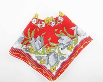 Red/Orange Border With Gold and Two-tone Grey Flowers - White Center - Hankie - Gift - Collect - Giftwrap - Quilt