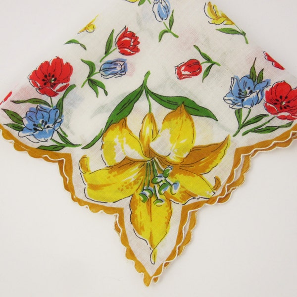 Bold Yellow Lilies With Red and Blue Tulips - Primary Color Hanky - Four-Corner Handkerchief - Gift - Collect - Wedding - Giftwrap