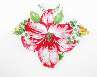 Red and Pink Corner Lily Hankie - Border of Yellow, Pink and White Flowers Hankie - Gift - Collect - Giftwrap - Quilt