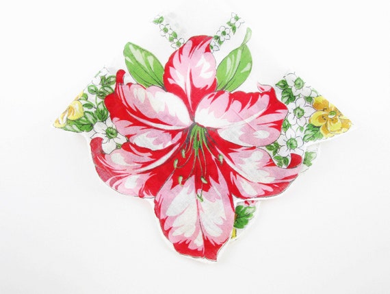 Red and Pink Corner Lily Hankie - Border of Yello… - image 1