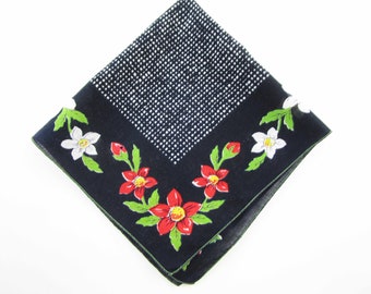 Black Border Hem - Red/Orange and White Flowers - Cross-hatched White and Black Center - Hankie - Gift - Collect - Giftwrap - Quilt