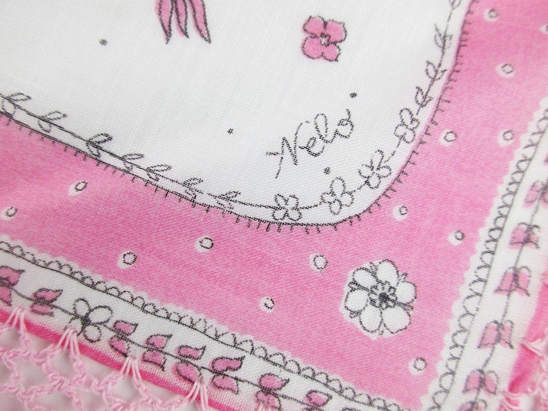 A /'Nelo/' Swiss Designer Hankie 1950s Textile Design Nelo Handkerchief Pink and Black on White With Crocheted Hem Added