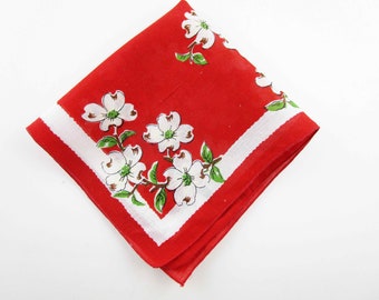 White Dogwoods on Red - Red Hanky With White Border - Collect - Wedding - Quilt - Doll Dress -  Gift Wrap - Curtains
