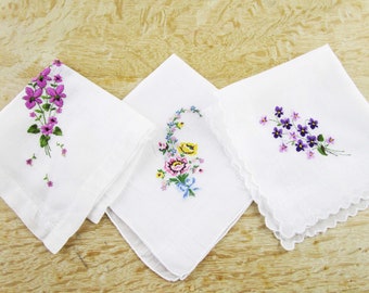 3 Spring Flower Hankies - Violet Nosegays - For Hankie Quilts, Curtains, Flowers, Purses - Or - Gifts - Cross-stitch - Detailed