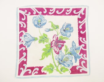 Soft Colors - Blue and Maroon Hibiscus Flowers - Central Pattern Hankie - Small Cotton Hanky - Gift - Collect - Wedding - Giftwrap