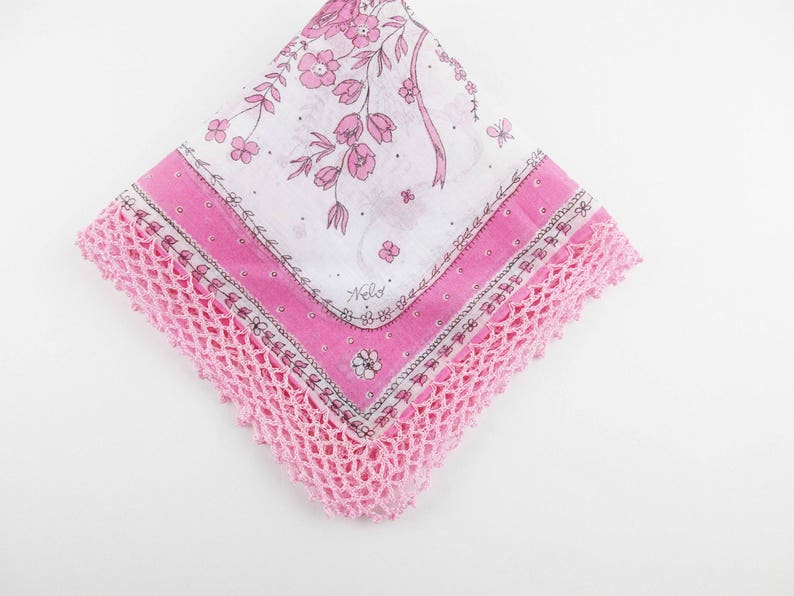 A /'Nelo/' Swiss Designer Hankie 1950s Textile Design Nelo Handkerchief Pink and Black on White With Crocheted Hem Added