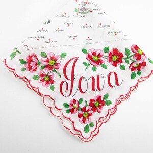 Souvenir of &#39;Iowa&#39; Hanky - Site Seeing Landmarks and Tourist Graphics, Cities - State Flower Wild Rose