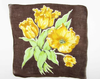 Golden Yellow Parrot Tulip Hanky - Brown Background - Light Cotton Hanky - Gift - Collect - Doll Dress - Gold and Brown - Tulip