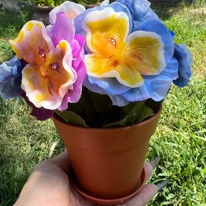 May include: A potted plant with blue, purple, and yellow flowers. The flowers have painted faces with eyes, noses, and mouths.