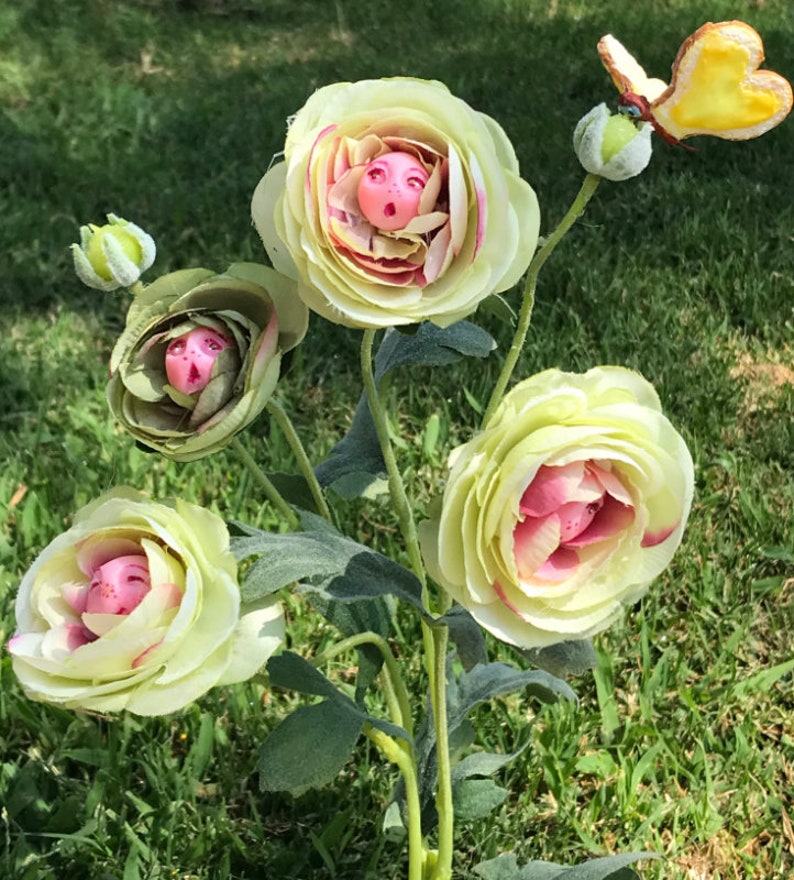 Alice in Wonderland non Talking Flowers Yellow ROSE BUDS w/ Bread and Butterfly By Sutherland image 1