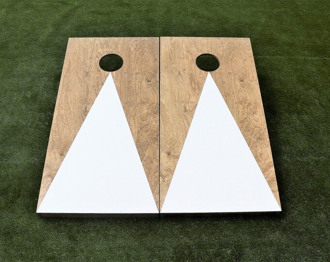 Cornhole Boards with a light stain and White triangle w\bags included with option to add 2 piece scoreboard set
