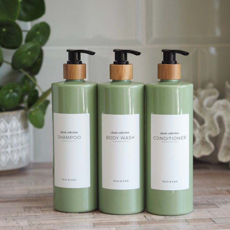 Sage Green Classic Label Reusable Bathroom Bottles Shampoo Etsy