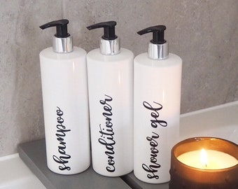 White reusable bathroom toiletries plastic bottles 500ml - refillable shampoo bottle, conditioner bottle, soap dispenser