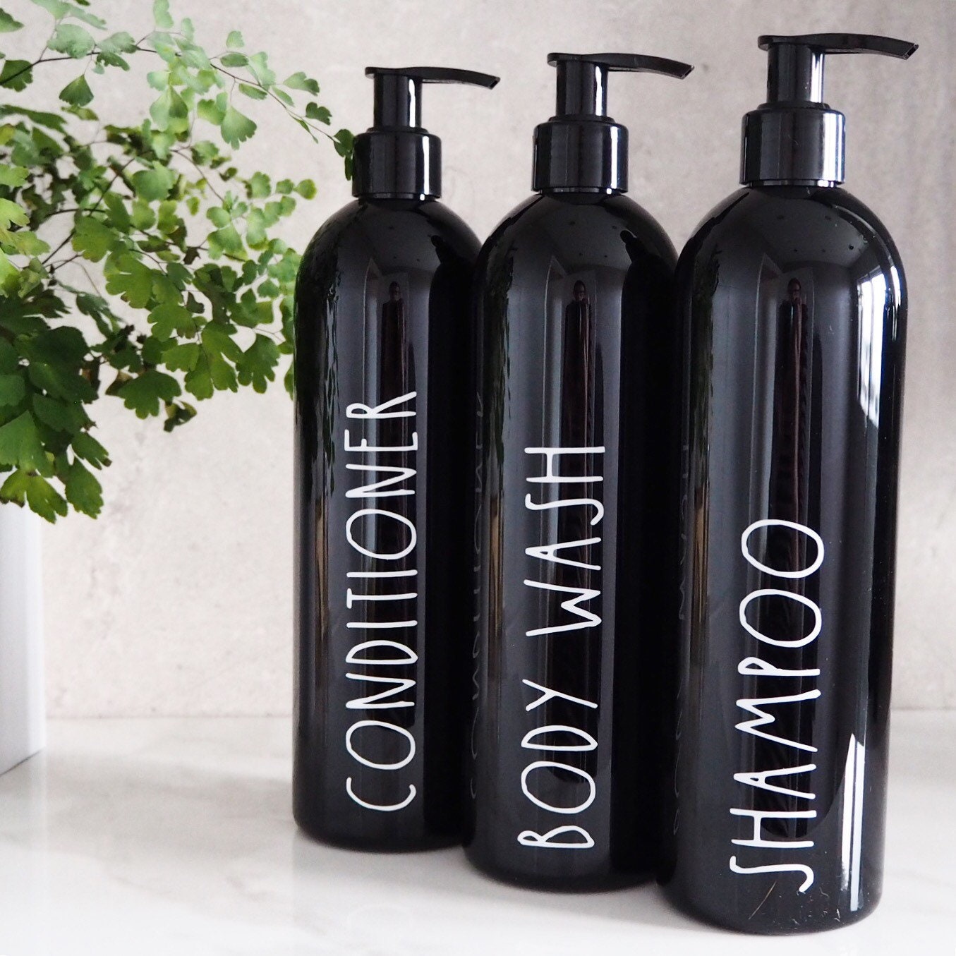 Black reusable bathroom toiletries bottles in skinny font | Etsy