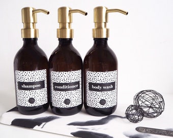 Amber glass 300ml reusable bathroom bottles with dalmatian labels - shampoo, conditioner and body wash bottles