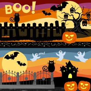 May include: Two Halloween scenes with a black cat, a fence, a moon, bats, ghosts, and pumpkins. The top scene has a fence with a black cat sitting on top of it. The bottom scene has a fence with a black cat sitting on top of it and a haunted house behind the fence.